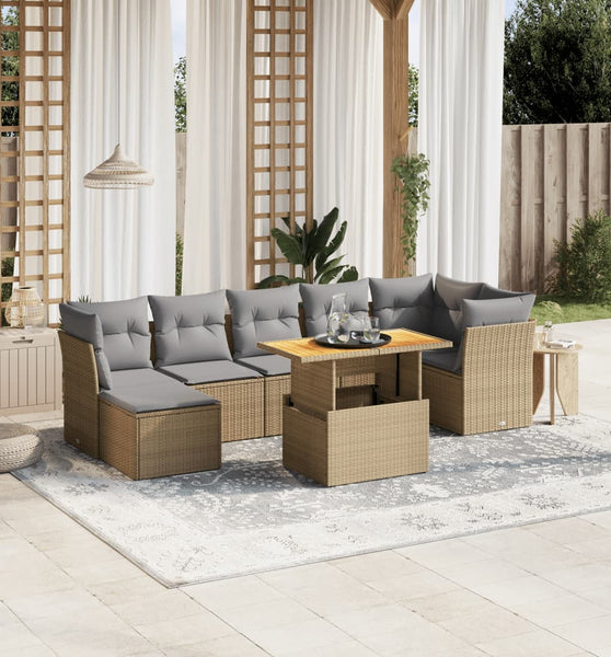 8-tlg. Garten-Sofagarnitur mit Kissen Beige Poly Rattan