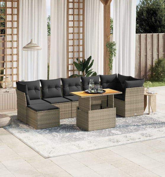 8-tlg. Garten-Sofagarnitur mit Kissen Grau Poly Rattan