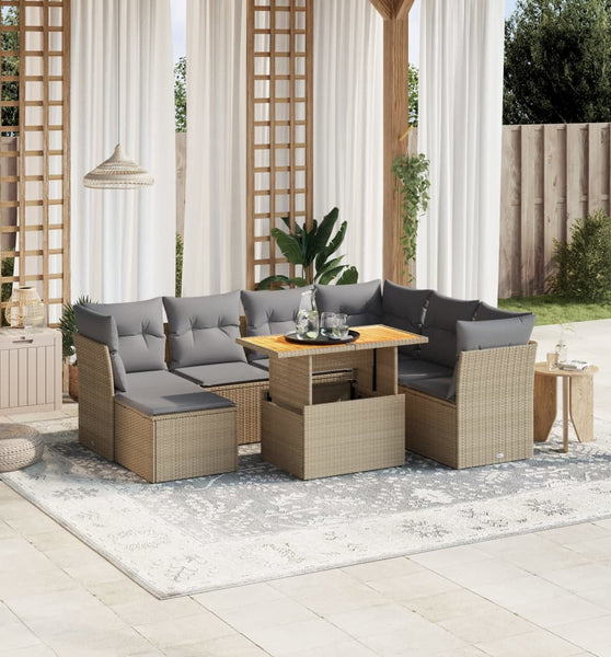 8-tlg. Garten-Sofagarnitur mit Kissen Beige Poly Rattan