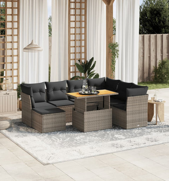 8-tlg. Garten-Sofagarnitur mit Kissen Grau Poly Rattan