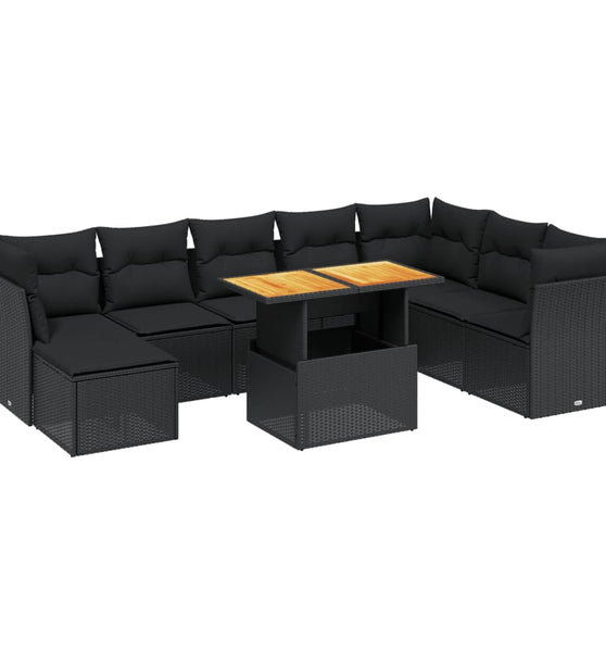 9-tlg. Garten-Sofagarnitur mit Kissen Schwarz Poly Rattan