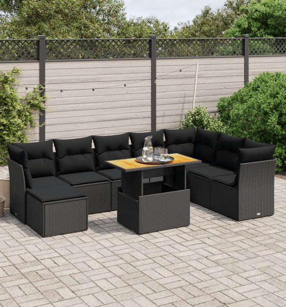 9-tlg. Garten-Sofagarnitur mit Kissen Schwarz Poly Rattan