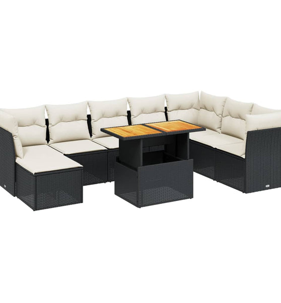 9-tlg. Garten-Sofagarnitur mit Kissen Schwarz Poly Rattan