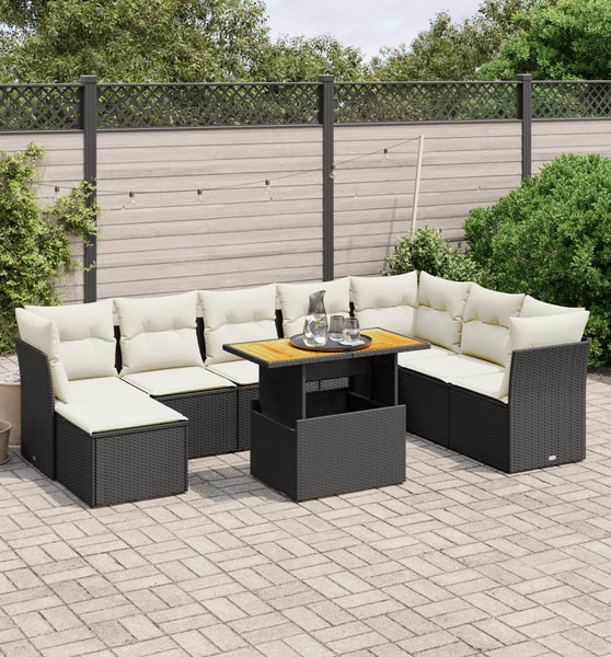 9-tlg. Garten-Sofagarnitur mit Kissen Schwarz Poly Rattan