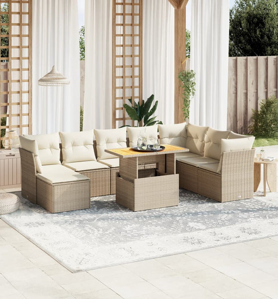 9-tlg. Garten-Sofagarnitur mit Kissen Beige Poly Rattan