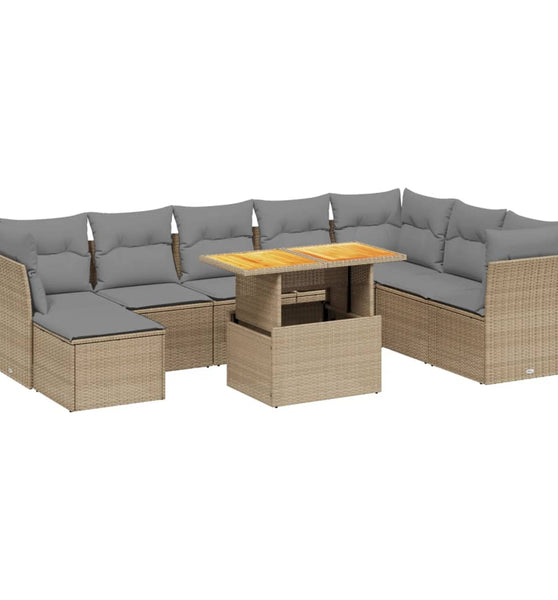 9-tlg. Garten-Sofagarnitur mit Kissen Beige Poly Rattan