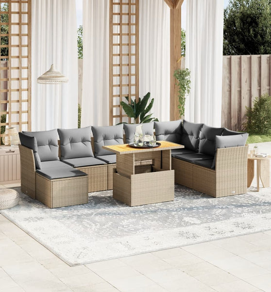 9-tlg. Garten-Sofagarnitur mit Kissen Beige Poly Rattan