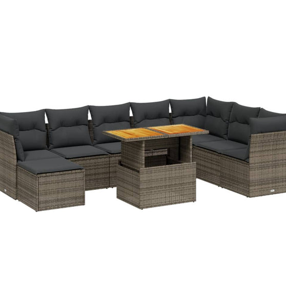 9-tlg. Garten-Sofagarnitur mit Kissen Grau Poly Rattan