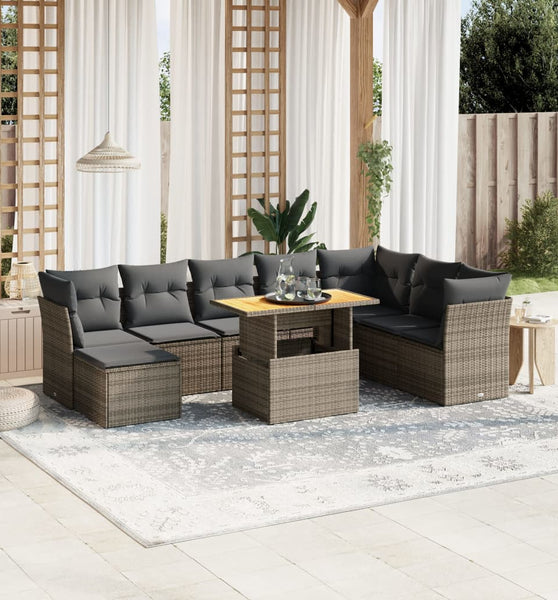 9-tlg. Garten-Sofagarnitur mit Kissen Grau Poly Rattan