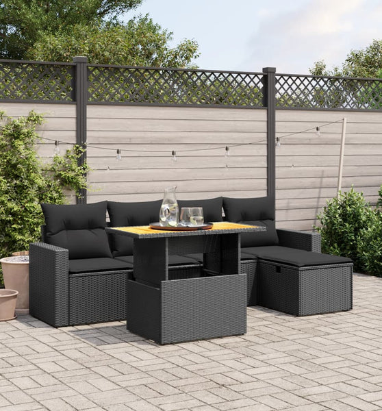 6-tlg. Garten-Sofagarnitur mit Kissen Schwarz Poly Rattan