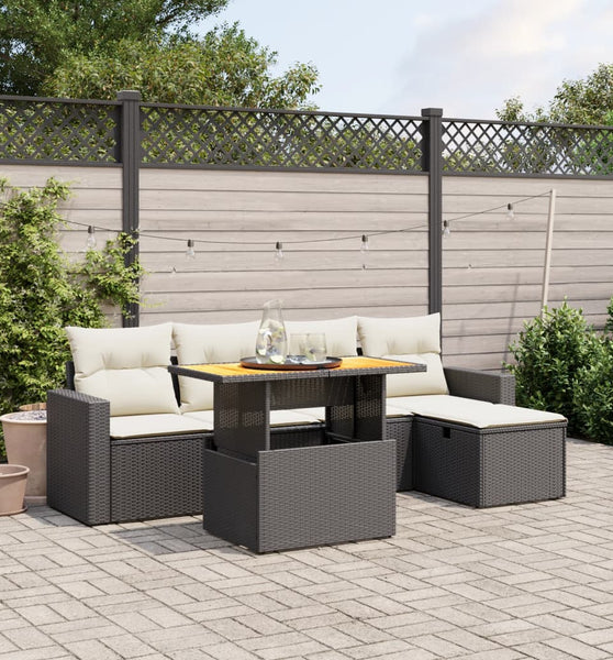 6-tlg. Garten-Sofagarnitur mit Kissen Schwarz Poly Rattan