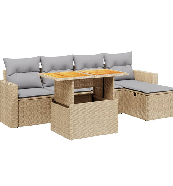 6-tlg. Garten-Sofagarnitur mit Kissen Beige Poly Rattan
