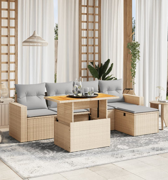 6-tlg. Garten-Sofagarnitur mit Kissen Beige Poly Rattan