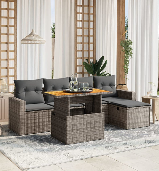 6-tlg. Garten-Sofagarnitur mit Kissen Grau Poly Rattan