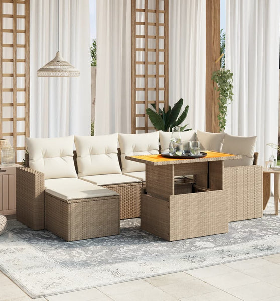 7-tlg. Garten-Sofagarnitur mit Kissen Beige Poly Rattan