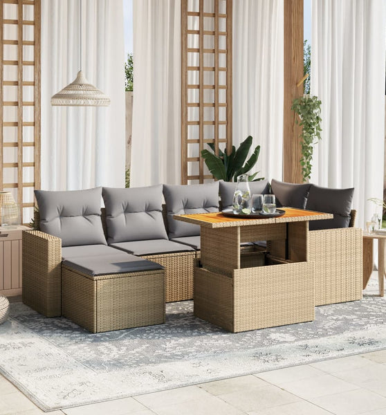 7-tlg. Garten-Sofagarnitur mit Kissen Beige Poly Rattan