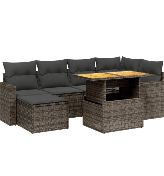 7-tlg. Garten-Sofagarnitur mit Kissen Grau Poly Rattan