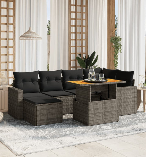 7-tlg. Garten-Sofagarnitur mit Kissen Grau Poly Rattan