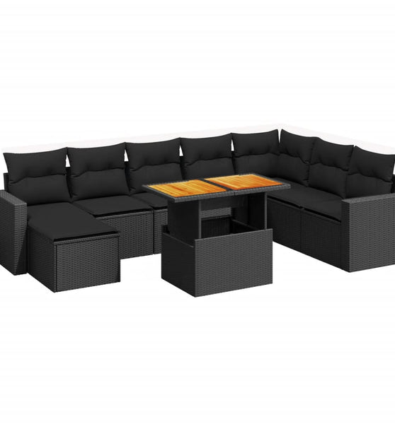 9-tlg. Garten-Sofagarnitur mit Kissen Schwarz Poly Rattan