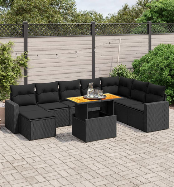 9-tlg. Garten-Sofagarnitur mit Kissen Schwarz Poly Rattan