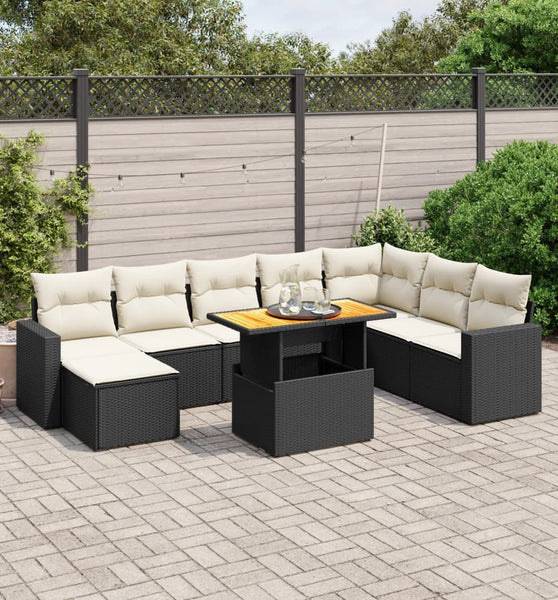 9-tlg. Garten-Sofagarnitur mit Kissen Schwarz Poly Rattan