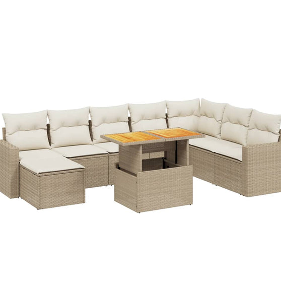 9-tlg. Garten-Sofagarnitur mit Kissen Beige Poly Rattan