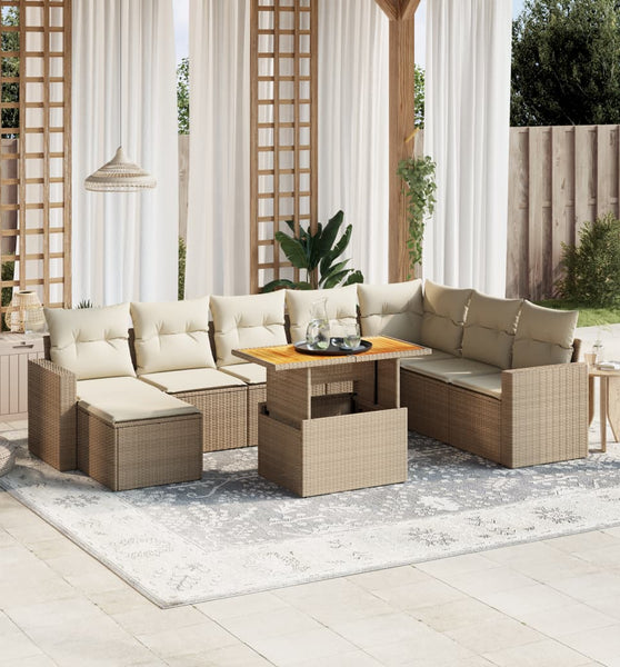 9-tlg. Garten-Sofagarnitur mit Kissen Beige Poly Rattan
