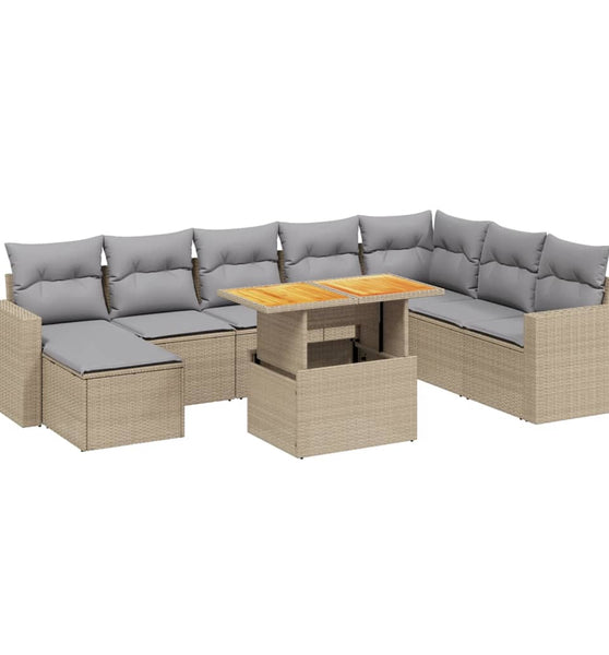 9-tlg. Garten-Sofagarnitur mit Kissen Beige Poly Rattan