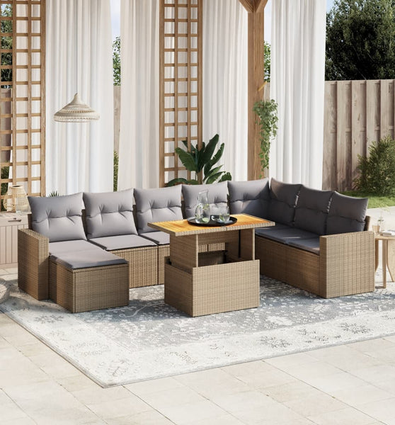 9-tlg. Garten-Sofagarnitur mit Kissen Beige Poly Rattan