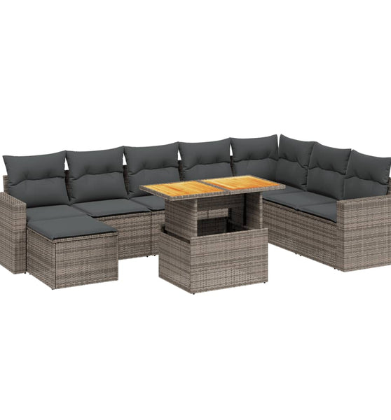 9-tlg. Garten-Sofagarnitur mit Kissen Grau Poly Rattan