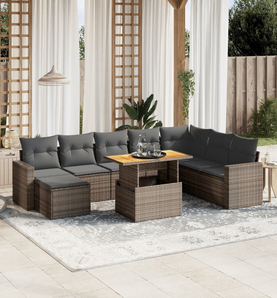 9-tlg. Garten-Sofagarnitur mit Kissen Grau Poly Rattan