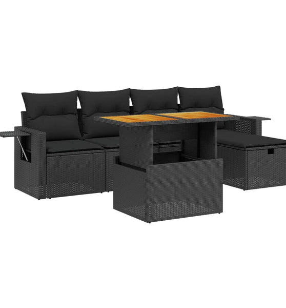 6-tlg. Garten-Sofagarnitur mit Kissen Schwarz Poly Rattan
