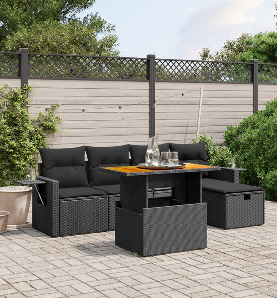 6-tlg. Garten-Sofagarnitur mit Kissen Schwarz Poly Rattan