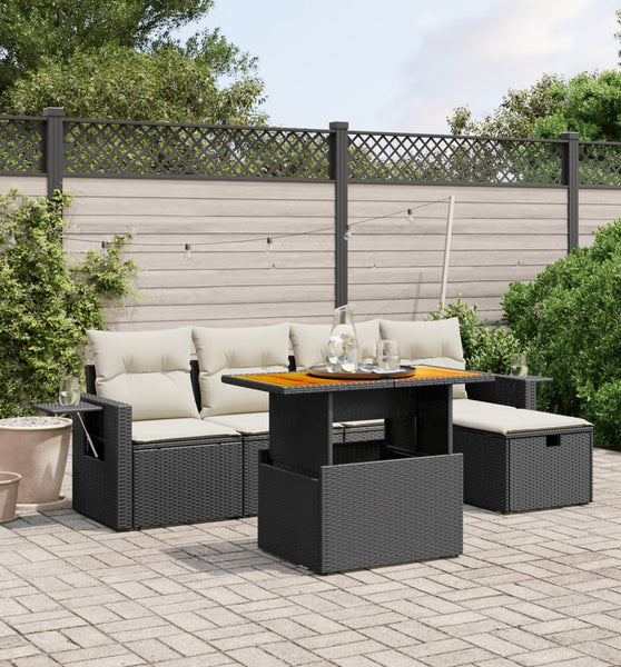6-tlg. Garten-Sofagarnitur mit Kissen Schwarz Poly Rattan