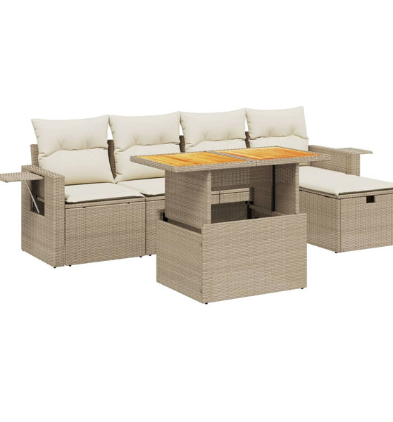 6-tlg. Garten-Sofagarnitur mit Kissen Beige Poly Rattan