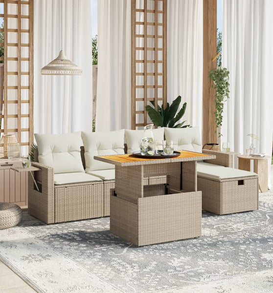 6-tlg. Garten-Sofagarnitur mit Kissen Beige Poly Rattan