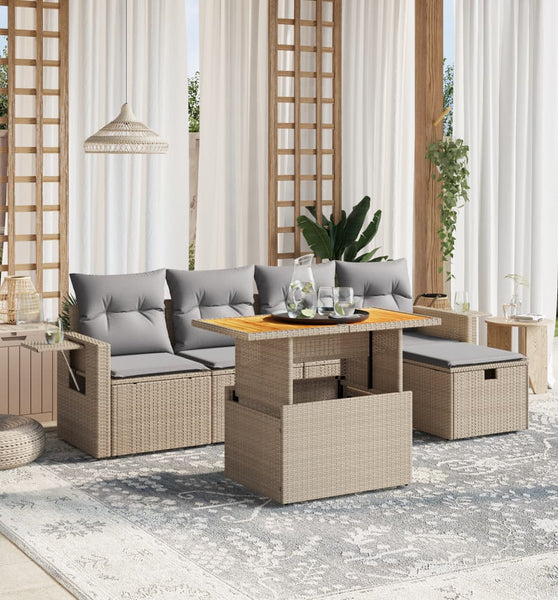 6-tlg. Garten-Sofagarnitur mit Kissen Beige Poly Rattan