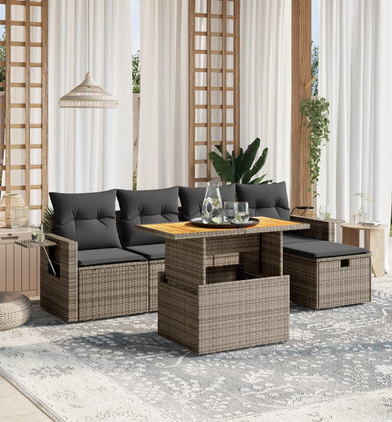 6-tlg. Garten-Sofagarnitur mit Kissen Grau Poly Rattan