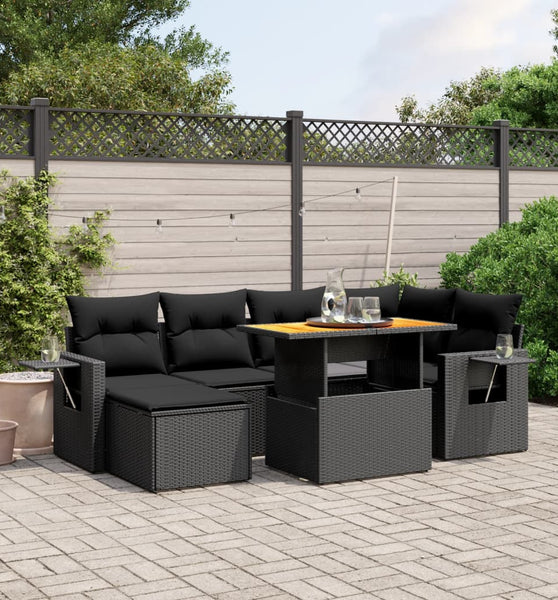 7-tlg. Garten-Sofagarnitur mit Kissen Schwarz Poly Rattan