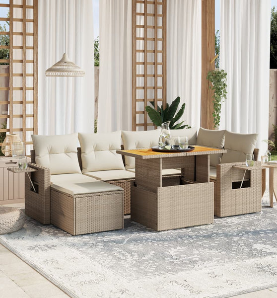 7-tlg. Garten-Sofagarnitur mit Kissen Beige Poly Rattan