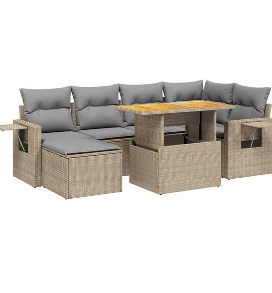 7-tlg. Garten-Sofagarnitur mit Kissen Beige Poly Rattan