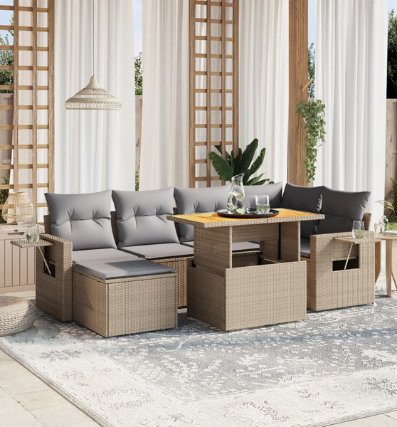 7-tlg. Garten-Sofagarnitur mit Kissen Beige Poly Rattan