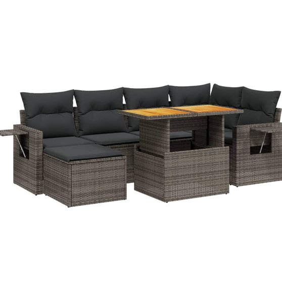 7-tlg. Garten-Sofagarnitur mit Kissen Grau Poly Rattan