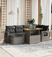 7-tlg. Garten-Sofagarnitur mit Kissen Grau Poly Rattan