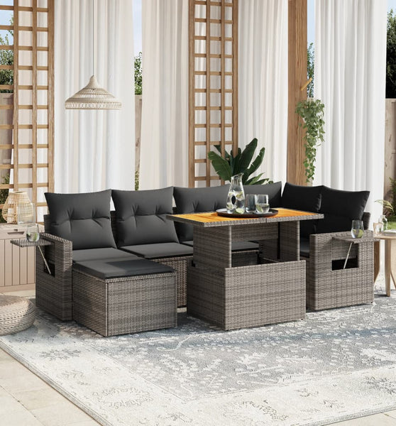7-tlg. Garten-Sofagarnitur mit Kissen Grau Poly Rattan