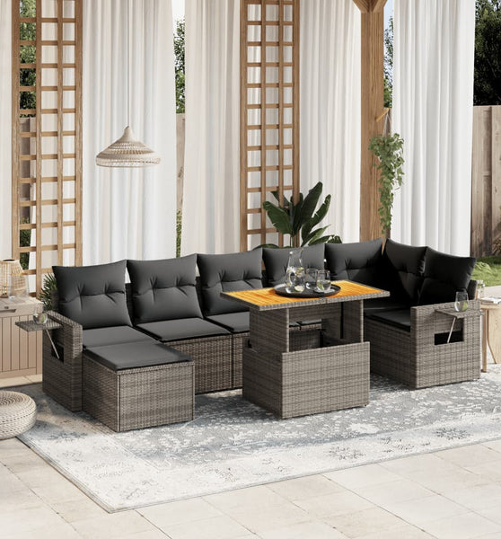 8-tlg. Garten-Sofagarnitur mit Kissen Grau Poly Rattan