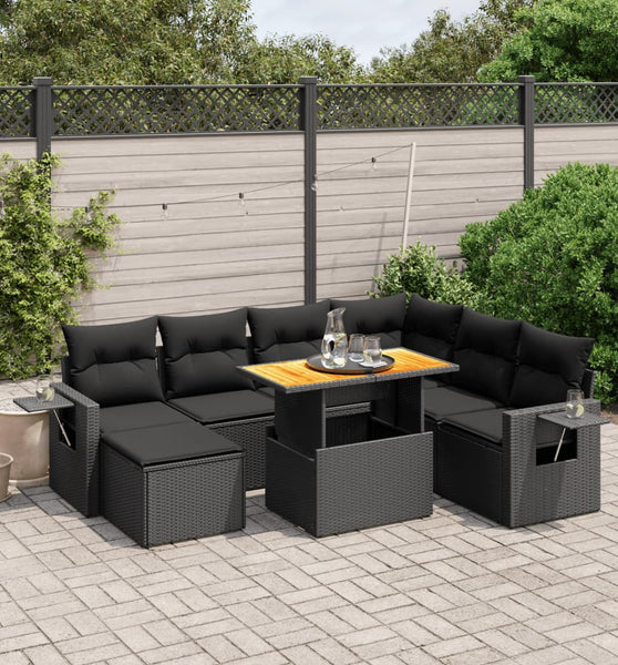 8-tlg. Garten-Sofagarnitur mit Kissen Schwarz Poly Rattan
