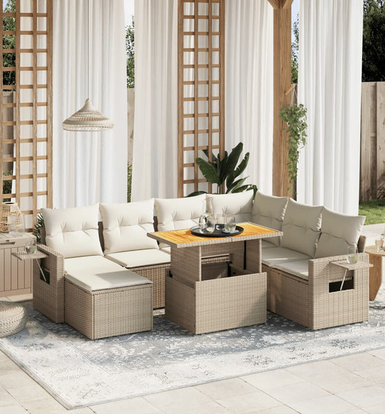 8-tlg. Garten-Sofagarnitur mit Kissen Beige Poly Rattan