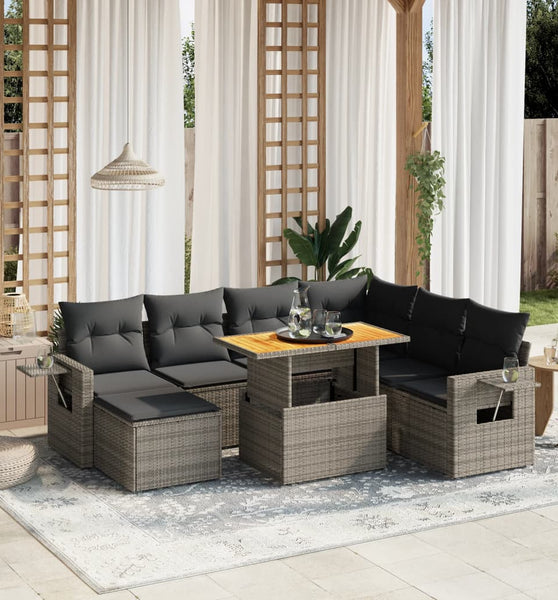 8-tlg. Garten-Sofagarnitur mit Kissen Grau Poly Rattan
