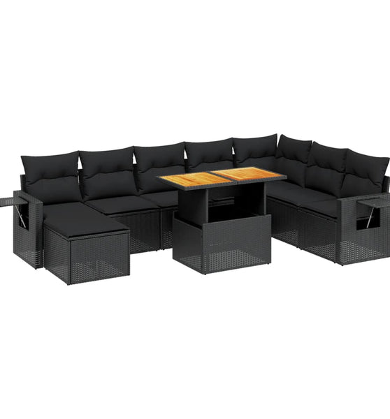 9-tlg. Garten-Sofagarnitur mit Kissen Schwarz Poly Rattan